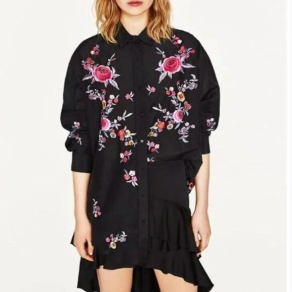 ZARA Floral Embroidered Cotton Silk Oversize Shirt Button Long Sleeve Black - Picture 4 of 13